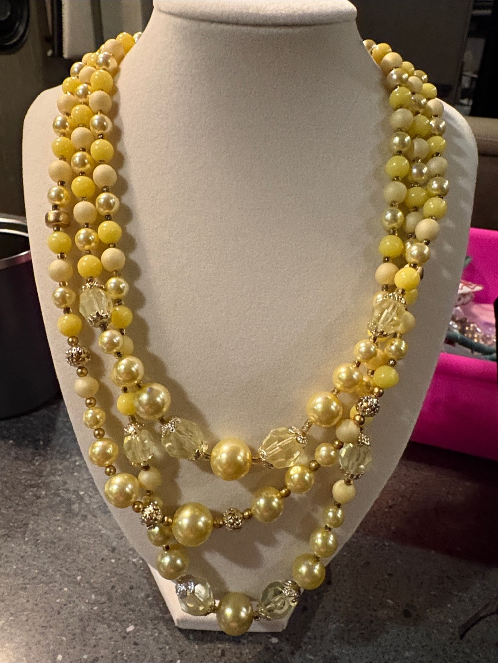 Vintage. Triple-Strand Yellow Beaded Statement Necklace Beautiful